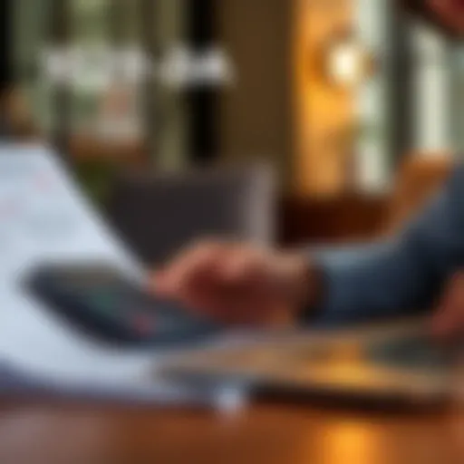 A person reviewing tax documents with a calculator and laptop, focusing on 1099-DA forms for tax season 2026