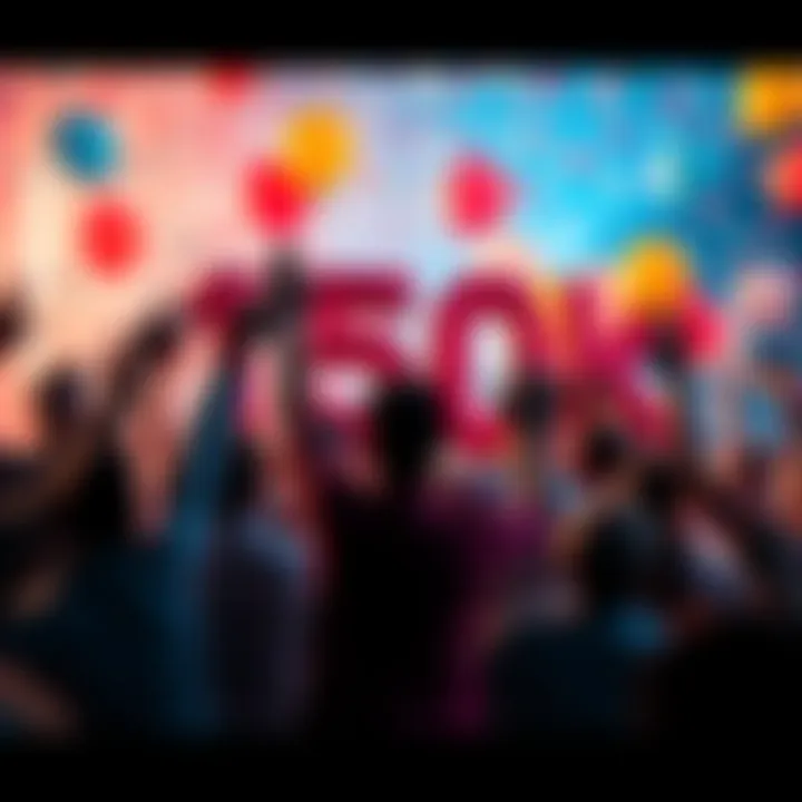 A group of people celebrating the achievement of reaching the 150k milestone with balloons and confetti in the background.