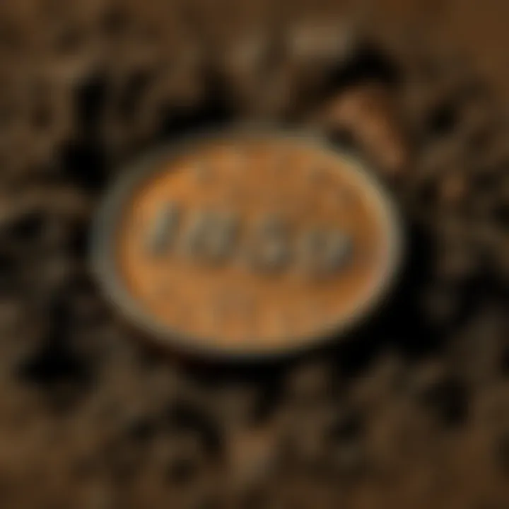 A close-up of a 1859 Canada 1 cent coin resting on a wooden surface with dirt around it, showing its details clearly.