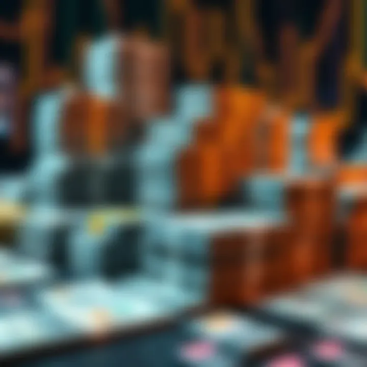 A digital display showing stacks of cash representing different cryptocurrencies and precious metals in real bill sizes and denominations