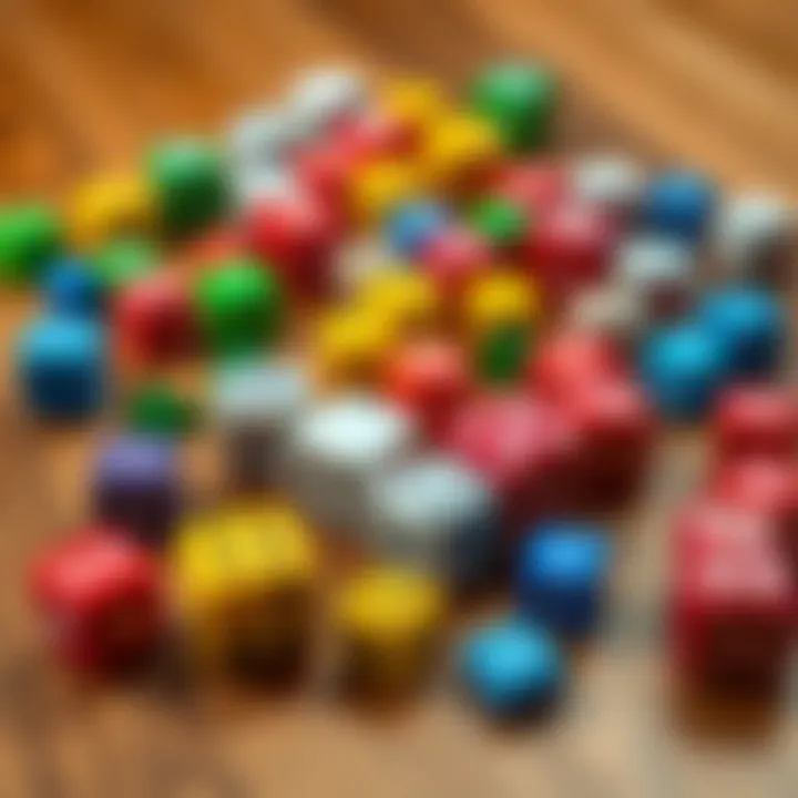 A close-up view of colorful 3D printed dice scattered on a wooden table, comparing them with traditional gaming dice
