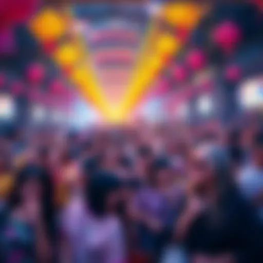 A lively crowd enjoying the 8-year celebration with colorful decorations and stylish outfits.