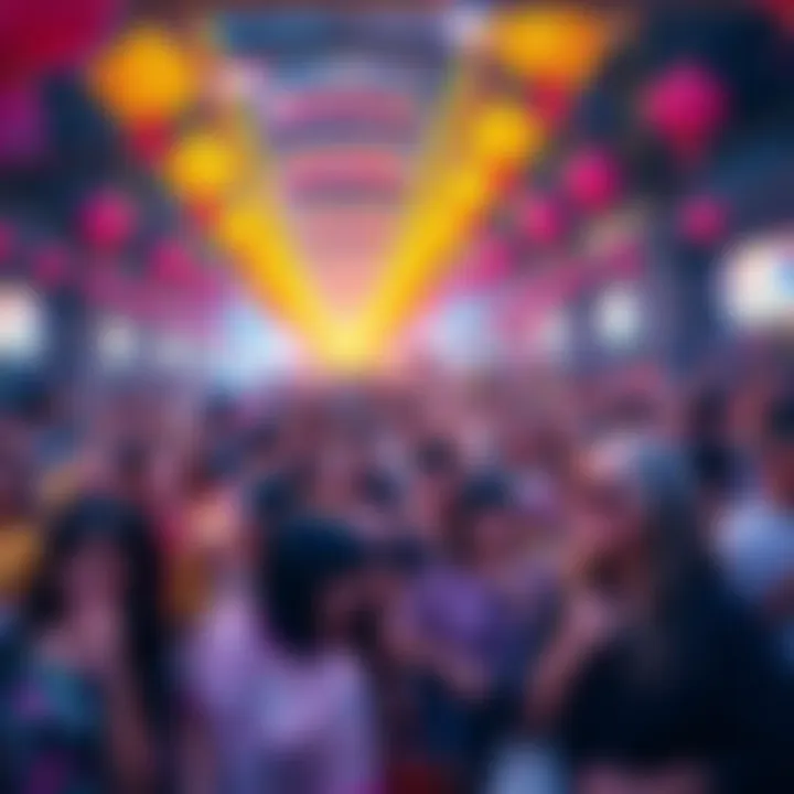 A lively crowd enjoying the 8-year celebration with colorful decorations and stylish outfits.