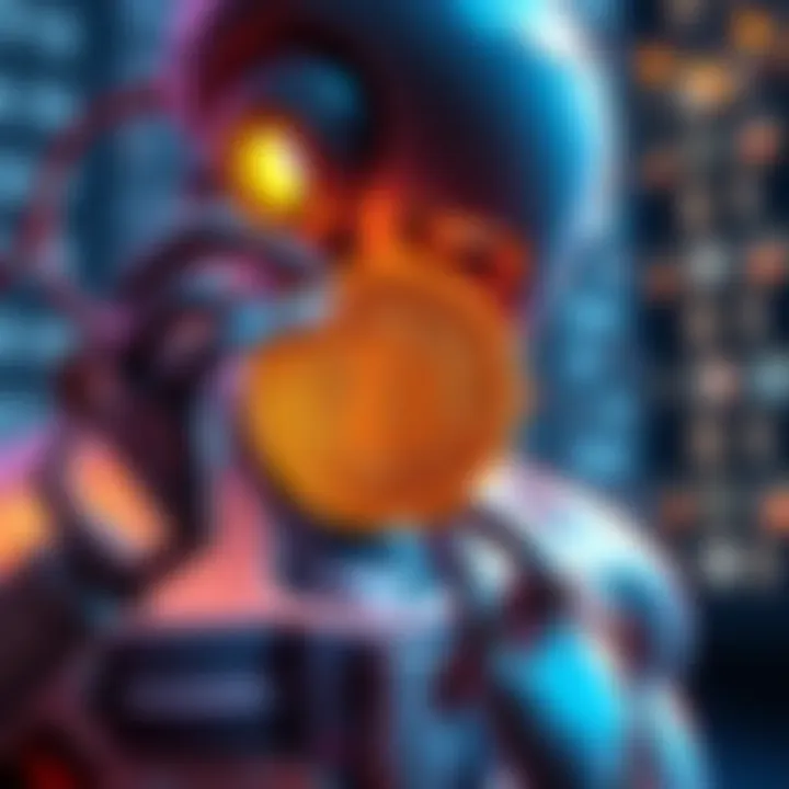 An illustration of a robot generating a cryptocurrency coin, symbolizing the creation of Shipyard Coin by an AI bot.