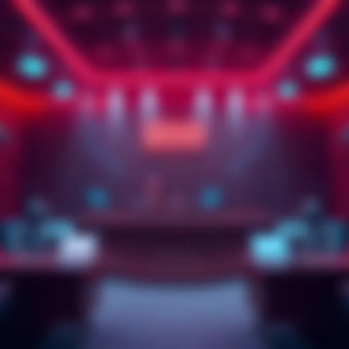 A digital courtroom scene with AI agents engaged in a dispute resolution process, showcasing fairness and efficiency