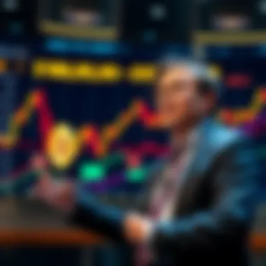 CEO discusses Bitcoin forecast A CEO presenting a strategy on Bitcoin price outlook with a chart showing $8,000 to $10,000 range in the background