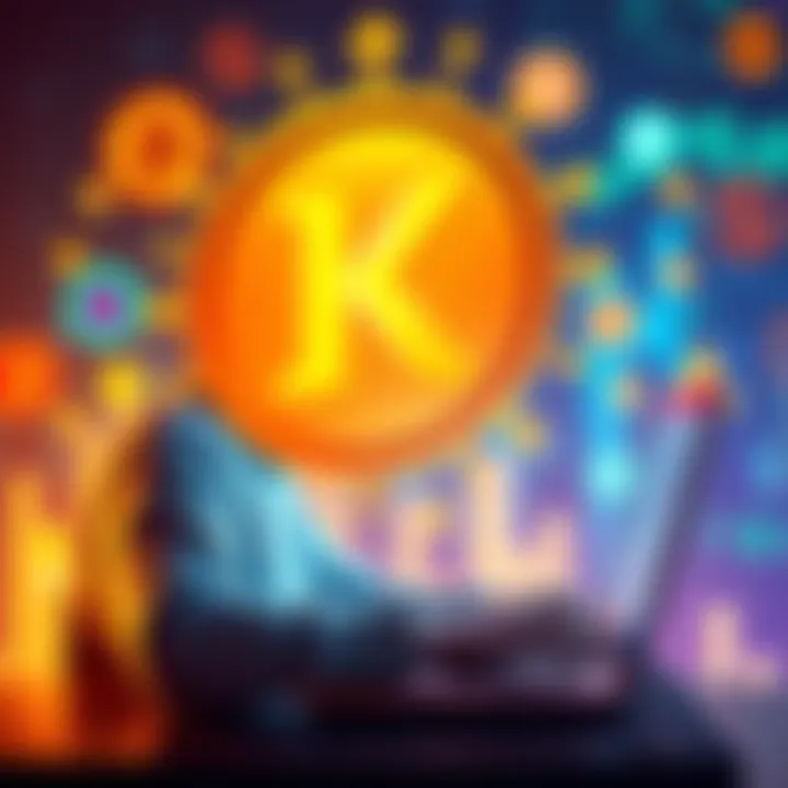 A person using a laptop to recover cryptocurrency wallet access, with digital currency symbols in the background.