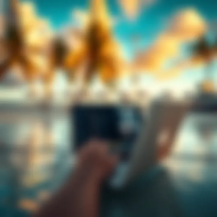 A person using a laptop on a tropical beach while connecting to the internet, symbolizing online access to Kraken from the Philippines.