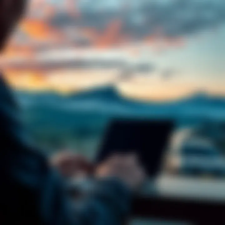 A person using a laptop to access Coinex, with a visual of Alberta's landscape in the background.