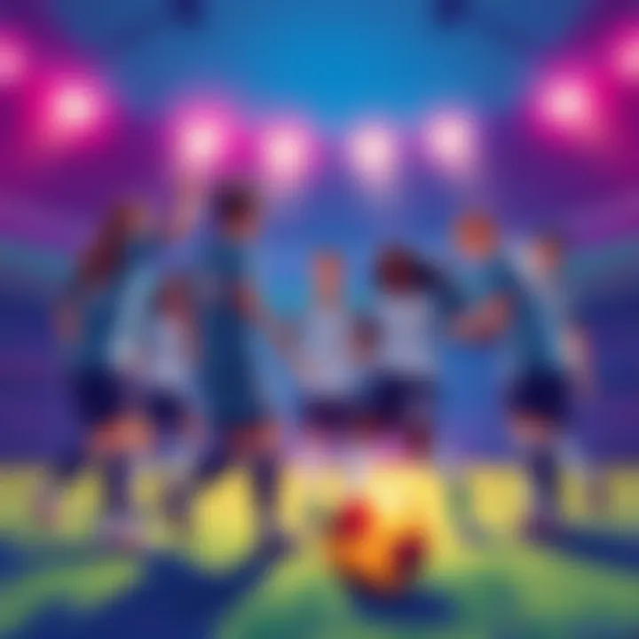 Illustration of people sharing Sorare squad codes while playing soccer together, emphasizing teamwork and collaboration in the game.