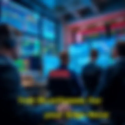 A group of active traders analyzing graphs and charts on multiple screens in a modern trading office.