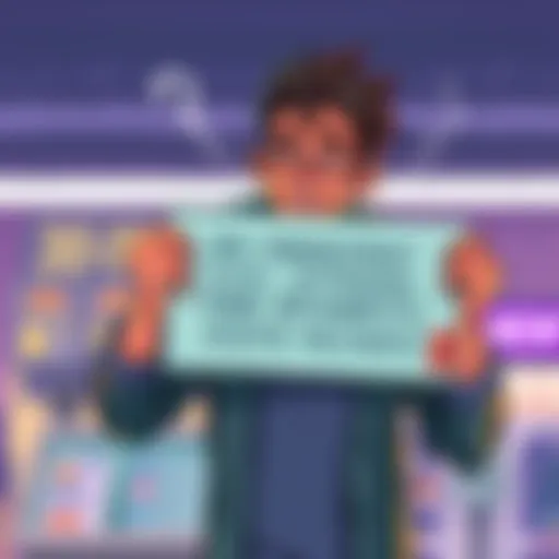 Illustration showing a person frustrated by ad mismanagement in an app, holding a sign asking for fair rewards
