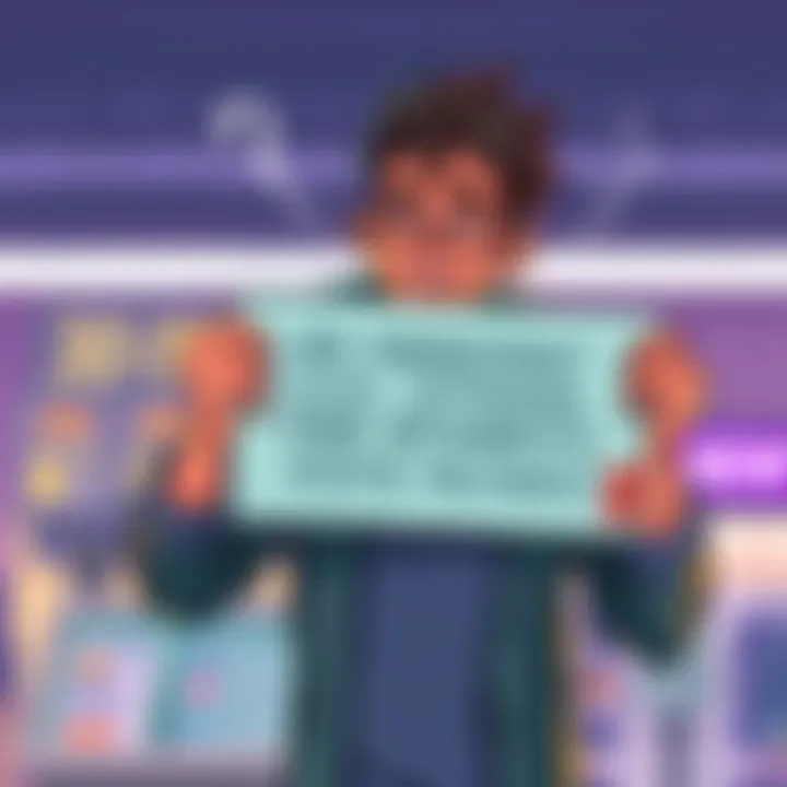 Illustration showing a person frustrated by ad mismanagement in an app, holding a sign asking for fair rewards