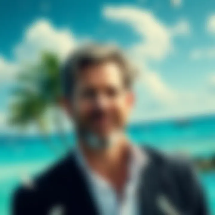 Adam Back, CEO of Blockstream, depicted on a tropical island, surrounded by controversy and shadows of power, with a backdrop of palm trees and a distant shoreline, representing the allegations agains...