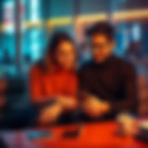 A couple sitting together, discussing how to add a spouse to a credit card account, with a smartphone and a credit card on the table.