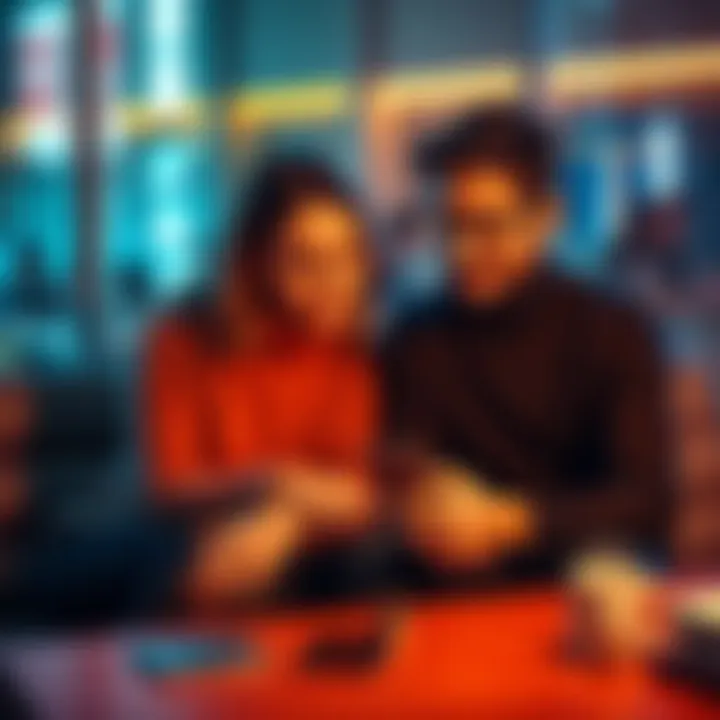 A couple sitting together, discussing how to add a spouse to a credit card account, with a smartphone and a credit card on the table.