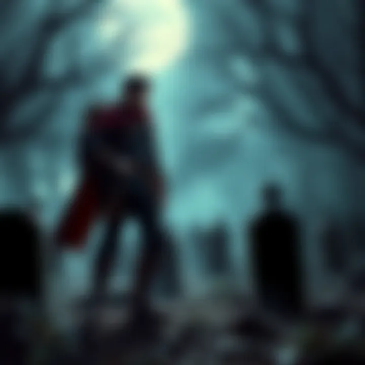 A brave adventurer standing in a spooky graveyard at night, surrounded by tombstones and mist.