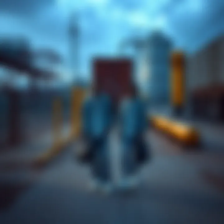 Two AE avatars standing in a deserted industrial park during a lunch stroll.