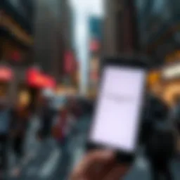 A smartphone displaying an error message from the AE app, set against a backdrop of Midtown Manhattan streets, with busy commuters in the background.