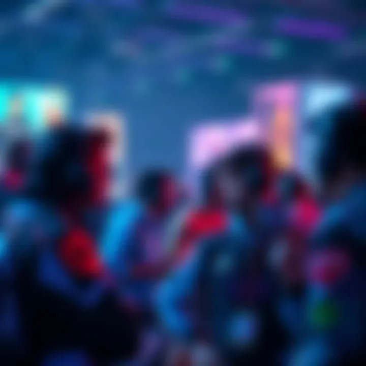 A group of gamers discussing concerns about AE's long-term profit model at a gaming event.