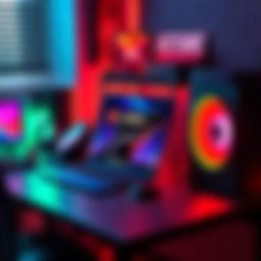 A laptop and gaming accessories on a desk, showcasing a $1400 online store and gaming rig setup.