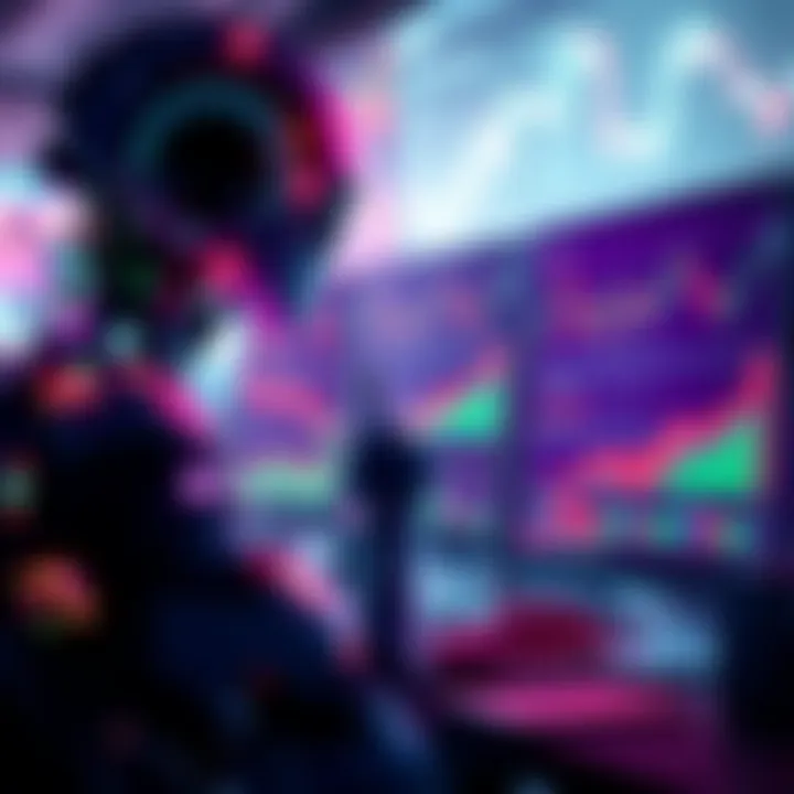 A digital representation of an AI agent using computer screens to analyze altcoin market data, showing charts and graphs