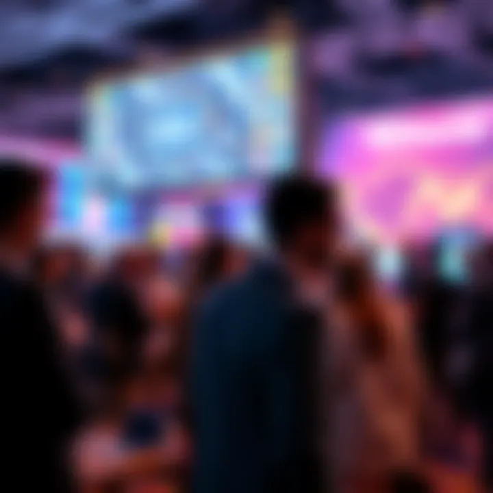 A conference scene showcasing people discussing AI and blockchain innovations with digital screens and technology displays.