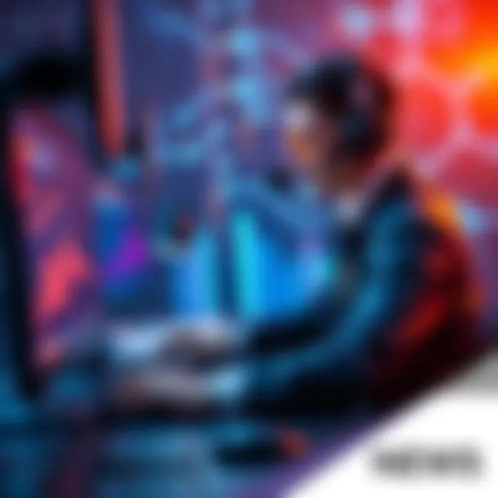 An AI developer working on a computer with blockchain graphics in the background, focusing on automated payment solutions.