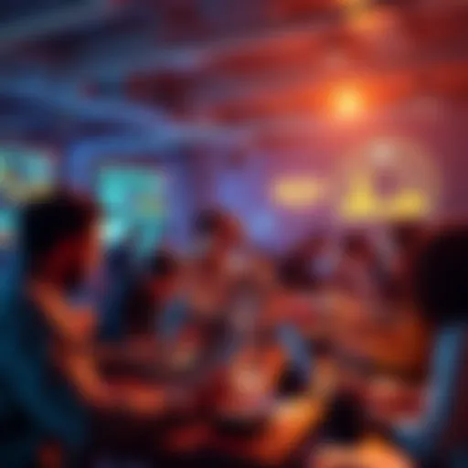 A diverse group of people collaborating at an AI hackathon, brainstorming ideas and working on laptops