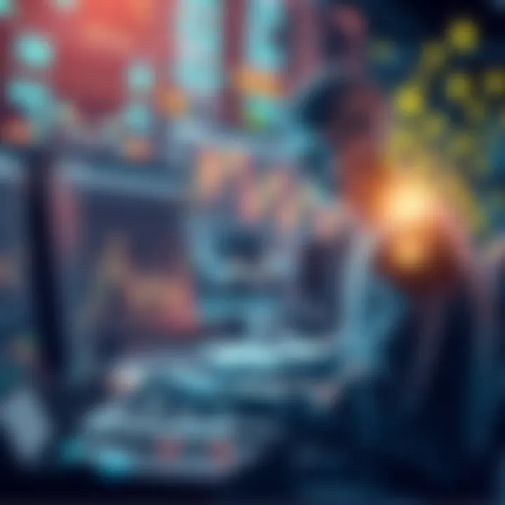 An illustration of a digital AI agent working on a computer with financial charts and money symbols, showing its role in trading real money portfolios.