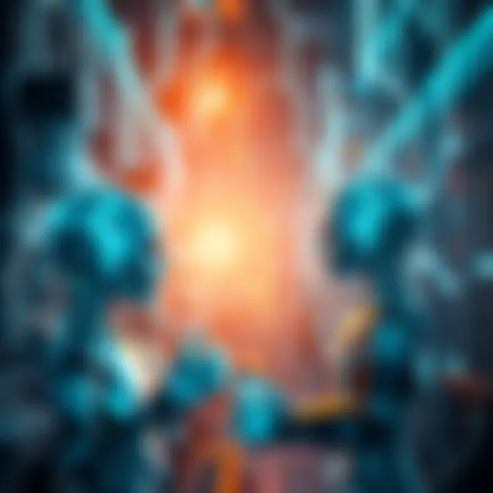Representation of AI agents interacting within a blockchain environment, showcasing automated systems and digital transactions.