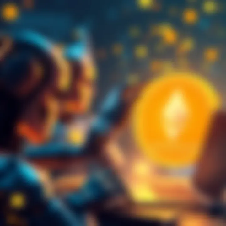 Illustration showing AI agents interacting with cryptocurrency symbols and Ethereum logo