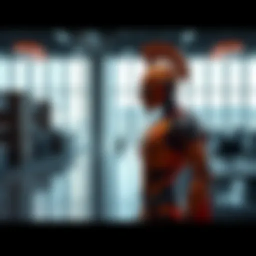 A robotic figure resembling an ancient gladiator, symbolizing control and power, stands in a modern office setting, contrasting old and new concepts of dominance.