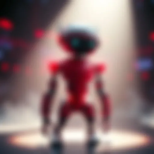 A futuristic robot representing AI technology stands in a spotlight, symbolizing competition among AI companies like Anthropic and OpenAI.