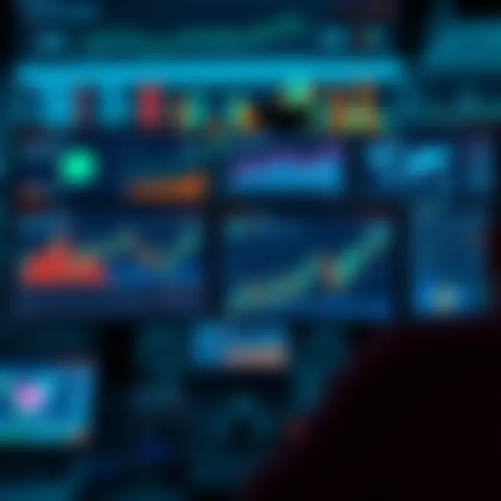 A graphic showing various AI tools analyzing cryptocurrency data on screens with charts and graphs.