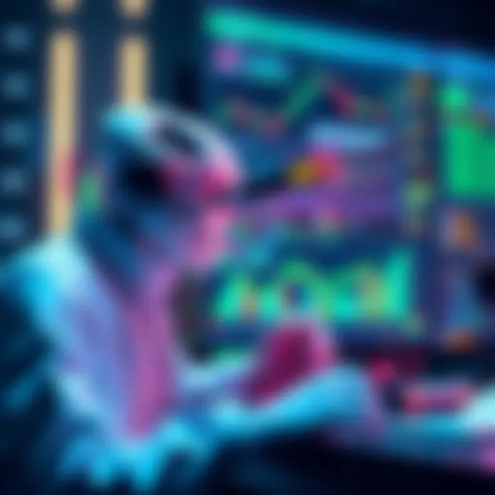 An AI assistant analyzing cryptocurrency trends and market data on a screen, helping with trading decisions.
