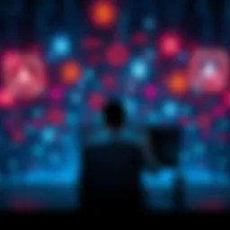 A person sits at a computer surrounded by floating AI symbols, illustrating the impact of AI on writing and communication.