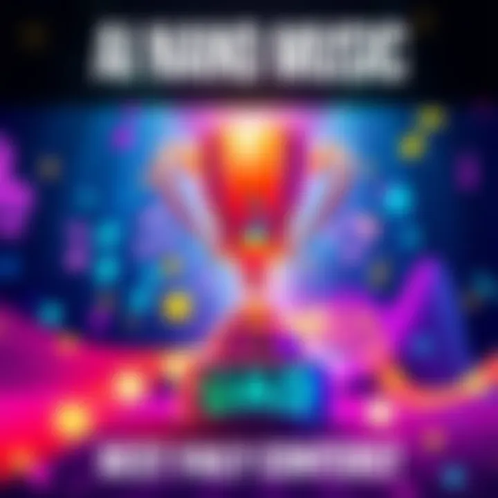 A colorful graphic promoting AI Nano Music monthly contests, featuring music notes and a prize trophy