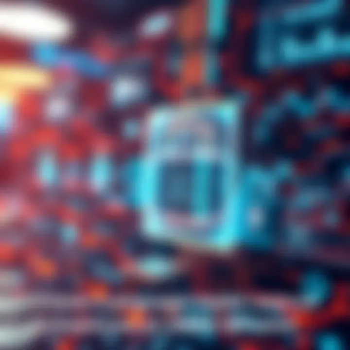 A visual representation of a vision-language model enhancing AI security with digital graphics depicting financial transactions and locks to symbolize protection against threats.