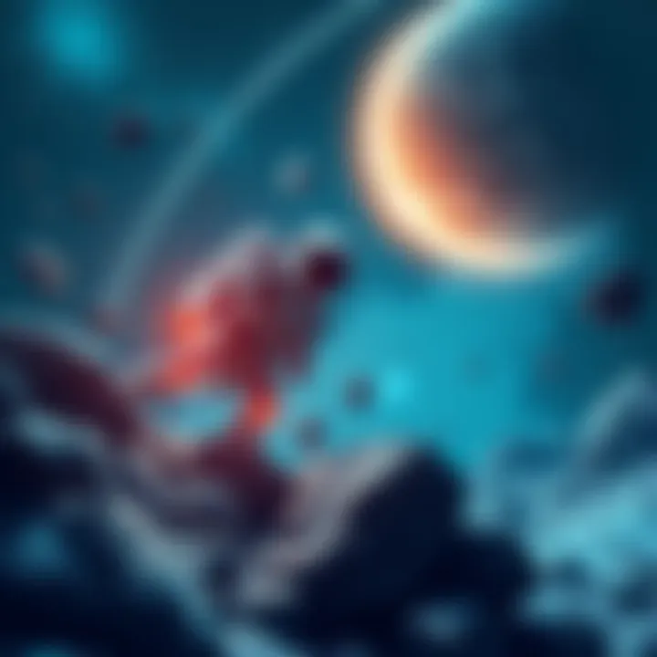 An illustration of advanced AI technology assisting in extracting minerals from asteroids, set against a backdrop of stars and planets.
