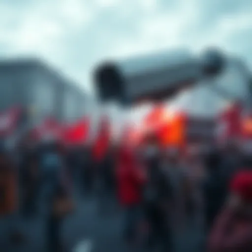 A depiction of a surveillance camera with digital elements observing a protest scene, highlighting the tension between AI development and activist opposition.