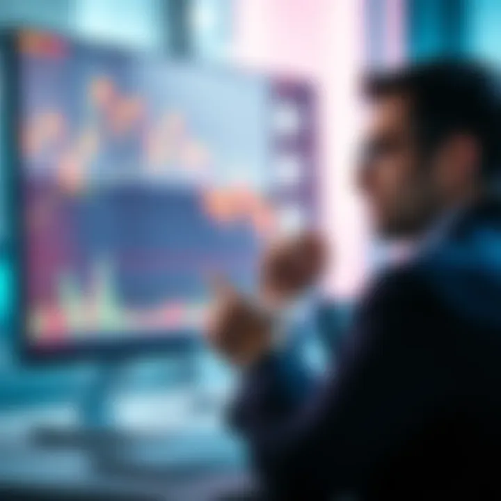 A chart showing declining cryptocurrency prices with a computer screen displaying trading data. A person looks frustrated while analyzing the results.