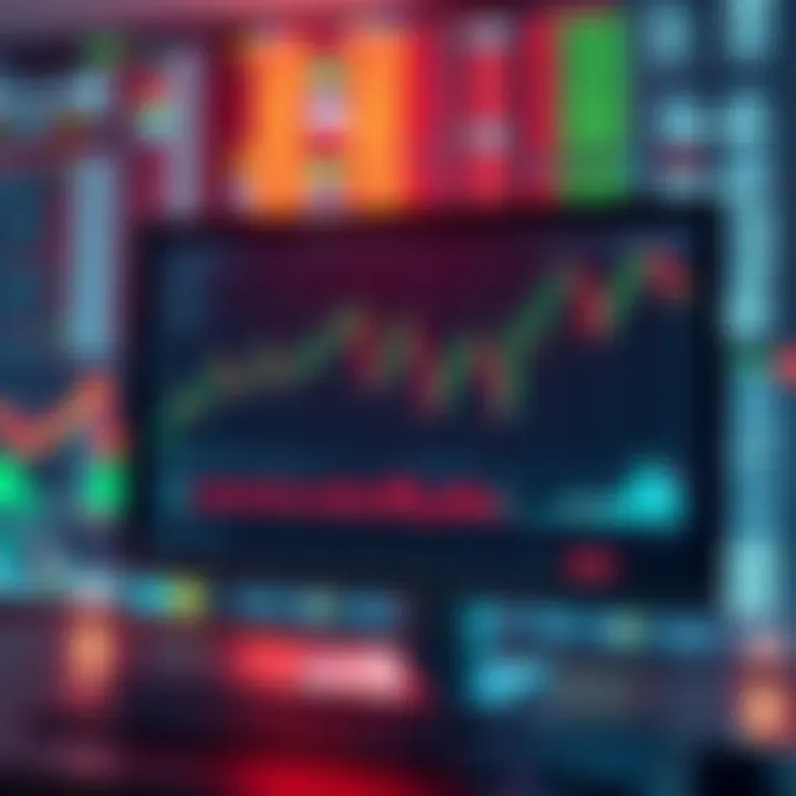 A computer screen displaying stock market trends with charts and graphs, surrounded by financial symbols and an AI interface, showing the integration of technology in trading.
