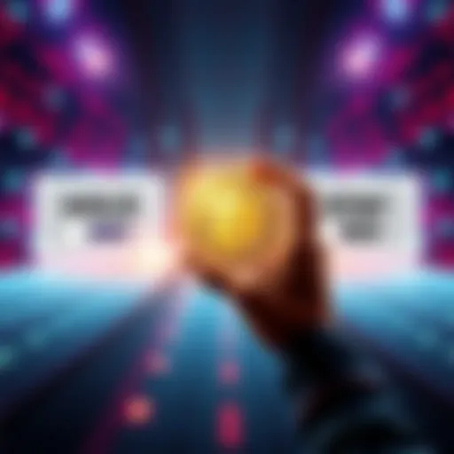 A person holding a digital coin while looking at two pathways marked 'Hold' and 'Sell'.