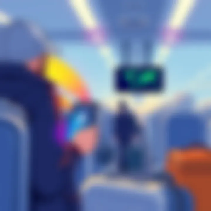 A digital illustration showing an airline employee scanning a bag with a mobile device, displaying real-time tracking data powered by Solana blockchain technology.