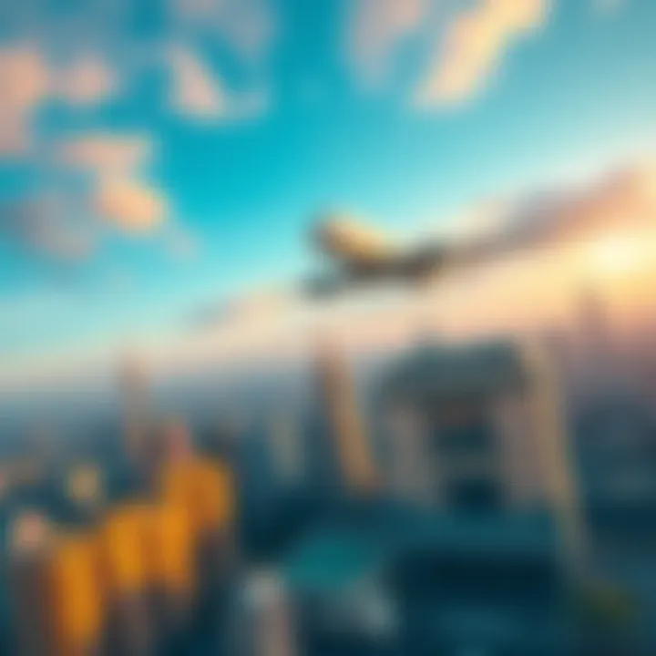 Airplane flying over a city skyline An airplane in the sky above a bustling city, symbolizing the impact of travel costs on people's choices.