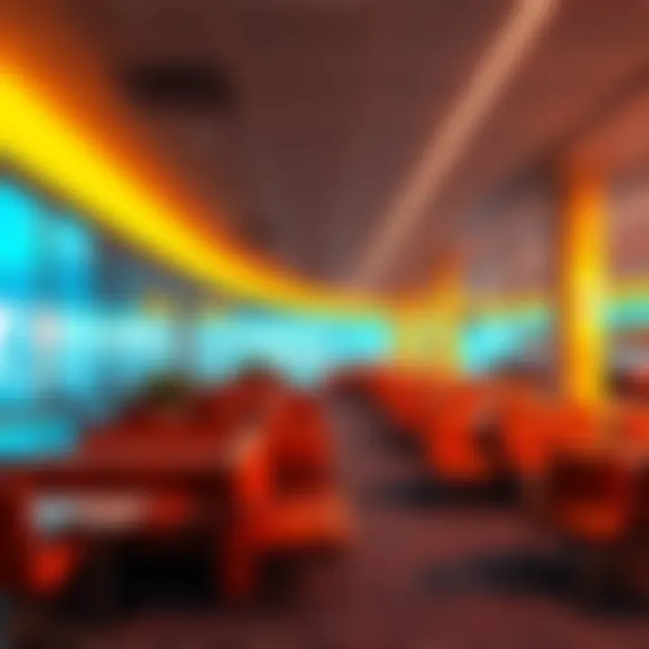 Empty airport lounge area at Ultra with chairs and tables