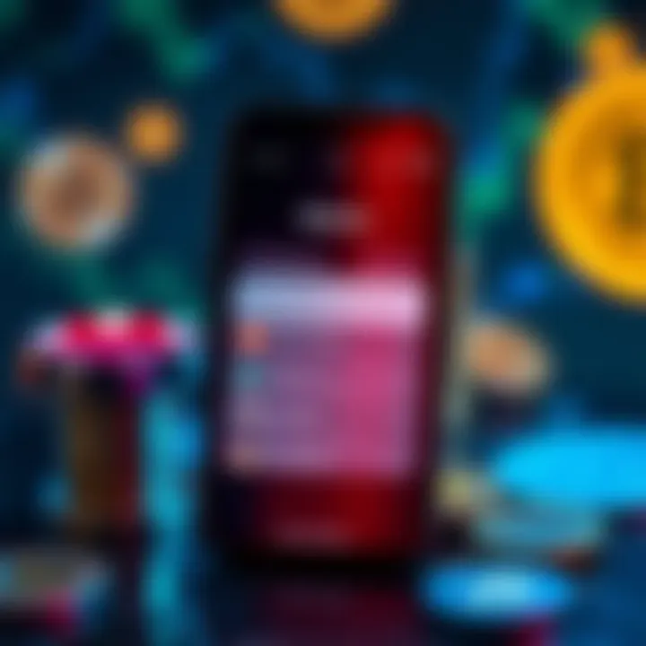 A smartphone displaying notifications about new cryptocurrency coins from specific profiles, with a background of digital currency symbols