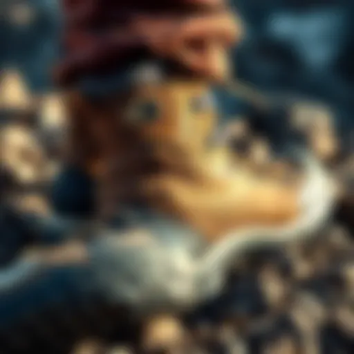 A close-up of alpine hiking boots featuring D-ring eyelets and speed hooks, designed for wide feet, resting on rocky terrain.