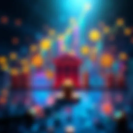 Graphic showing rising altcoins with icons of banks and blockchain connections